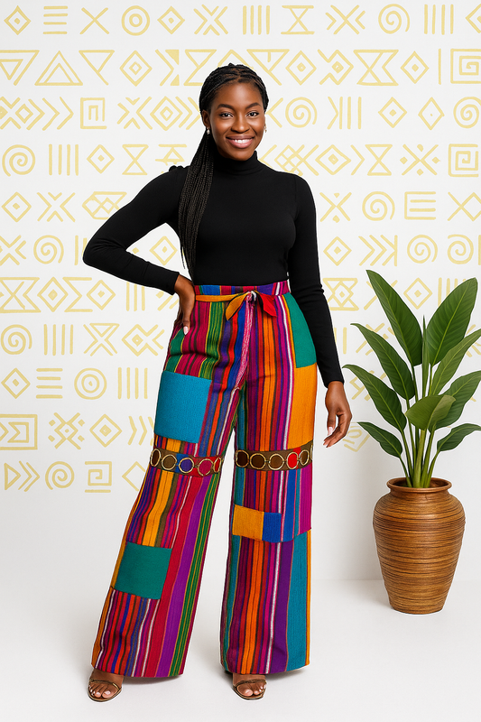 Heritage Luxe Aso Oke Palazzo Pants – Multicolor Yoruba Patchwork Design