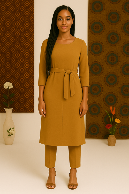 Elegant Mustard Crepe Tunic Set with Belted Waist