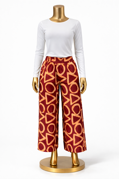 Elegant Ankara Wide-Leg Trousers Set – Red & Gold Pattern
