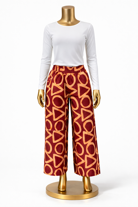 Elegant Ankara Wide-Leg Trousers Set – Red & Gold Pattern