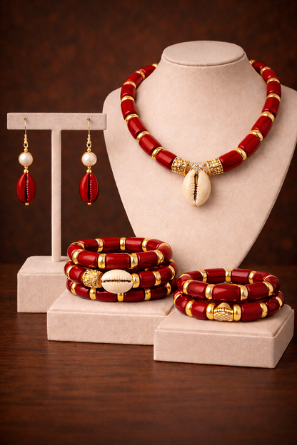 Royal Cowrie Bead Jewelry Set – Red & Gold African Statement Set