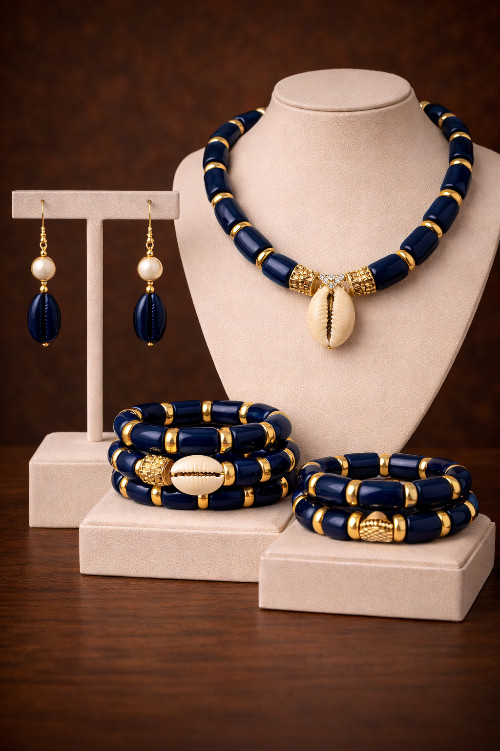 Royal Cowrie Bead Jewelry Set – Red & Gold African Statement Set