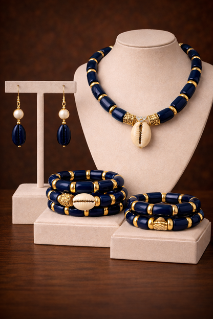Royal Cowrie Bead Jewelry Set – Red & Gold African Statement Set