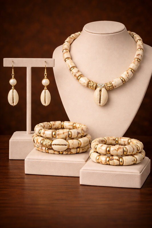 Royal Cowrie Bead Jewelry Set – Red & Gold African Statement Set