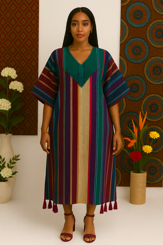 Royal Heritage Aso Oke Gown – Premium African Striped Kaftan With Tassel Hem