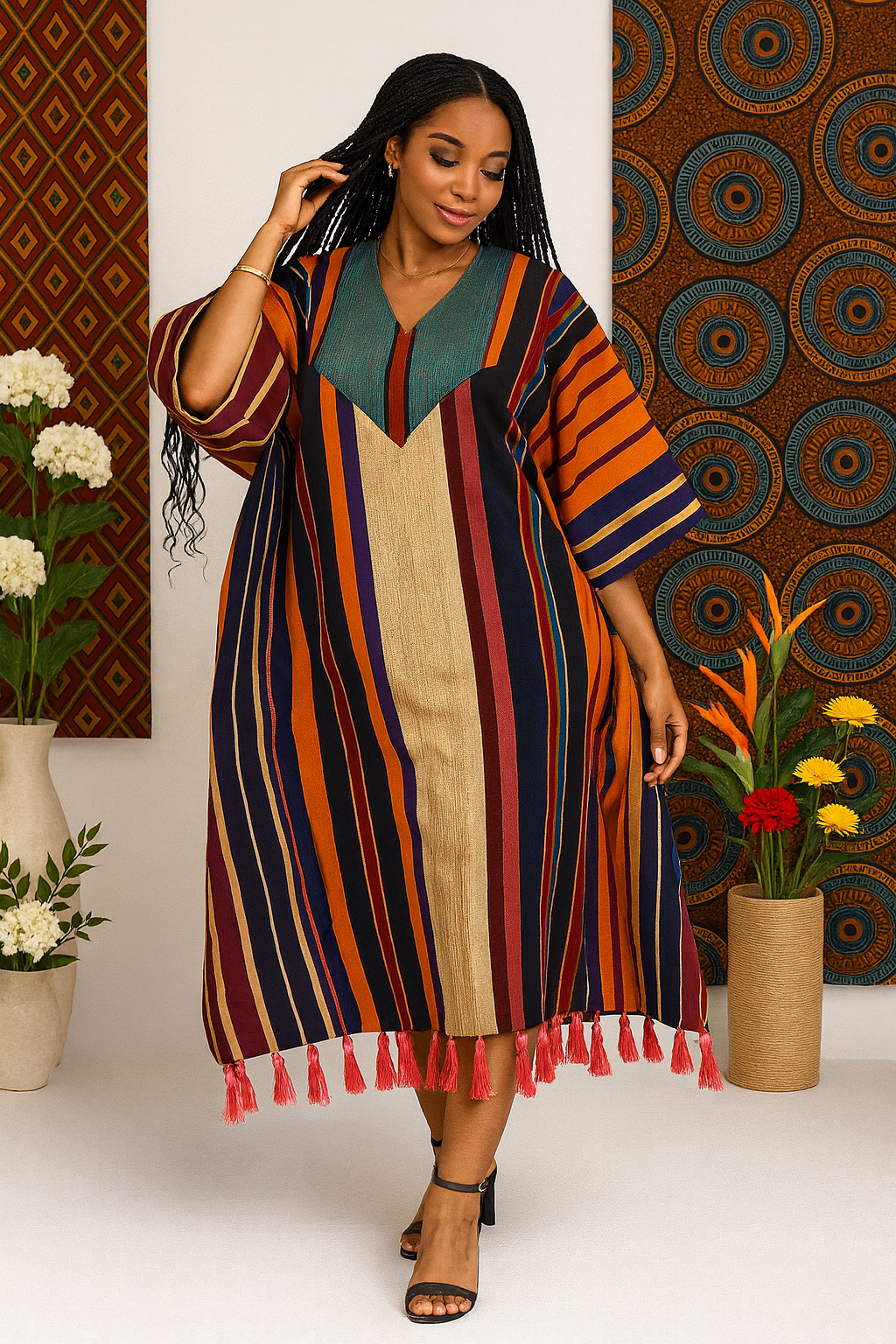Royal Heritage Aso Oke Gown – Premium African Striped Kaftan With Tassel Hem