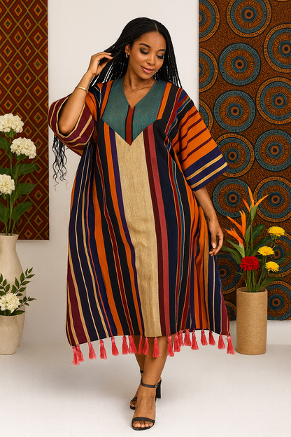 Royal Heritage Aso Oke Gown – Premium African Striped Kaftan With Tassel Hem
