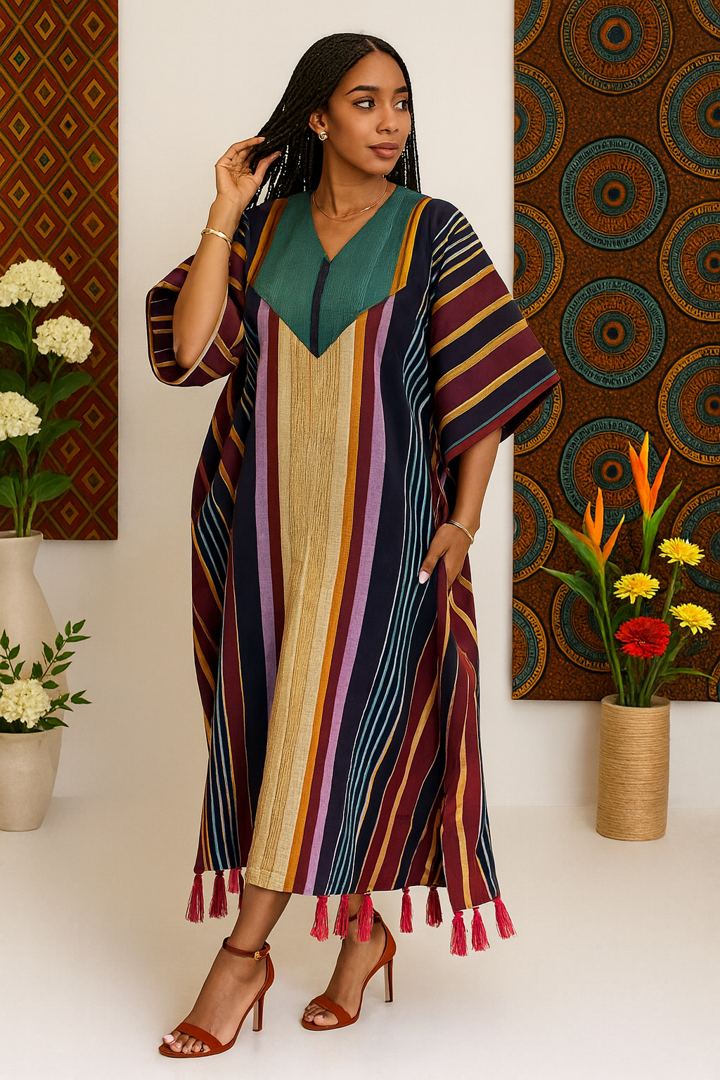 Royal Heritage Aso Oke Gown – Premium African Striped Kaftan With Tassel Hem