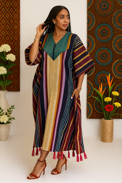 Royal Heritage Aso Oke Gown – Premium African Striped Kaftan With Tassel Hem