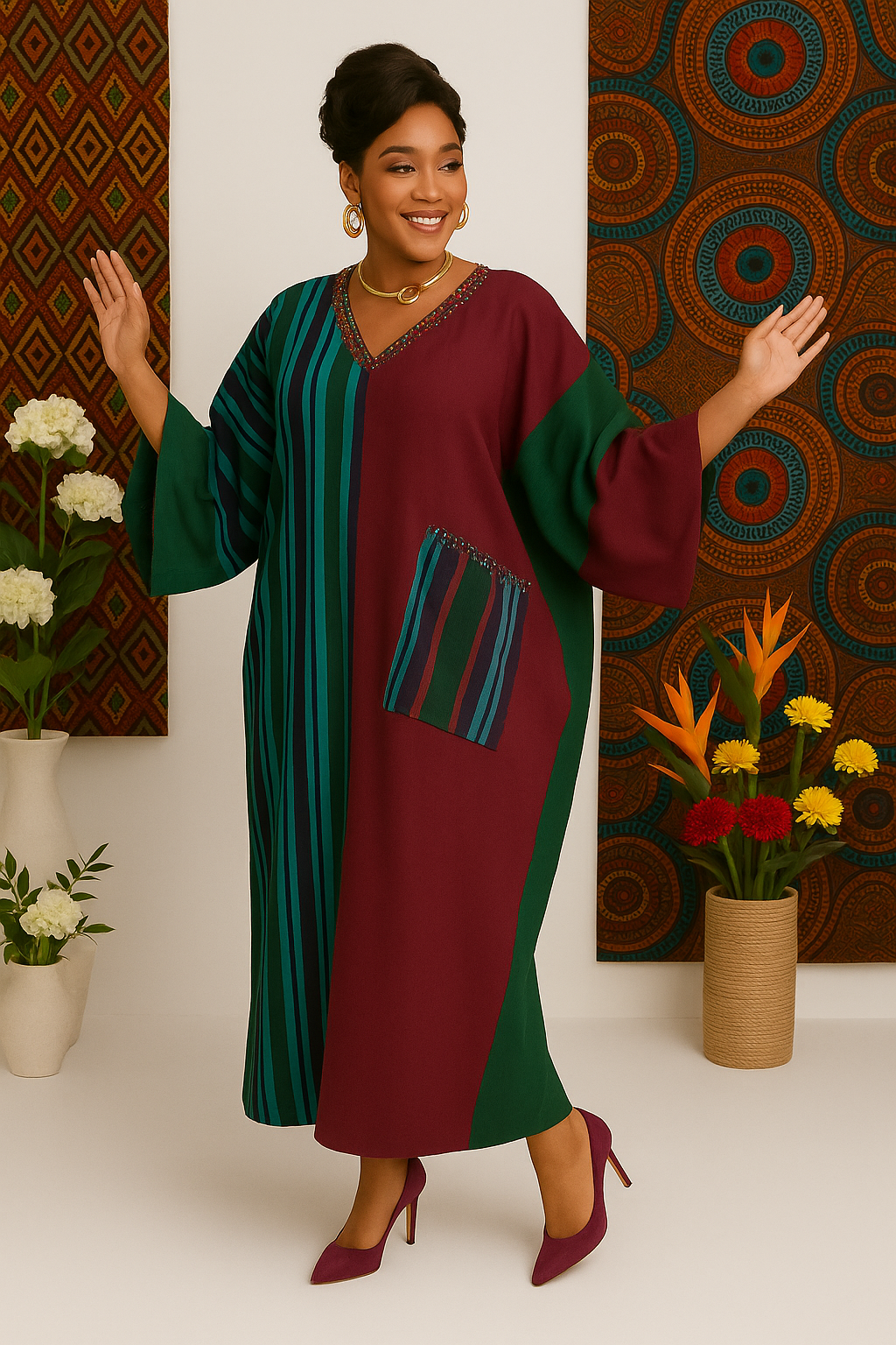 Heritage Elegance Aso Oke Gown – Premium Hand-Woven African Kaftan With Beaded Neckline & Pocket Detail