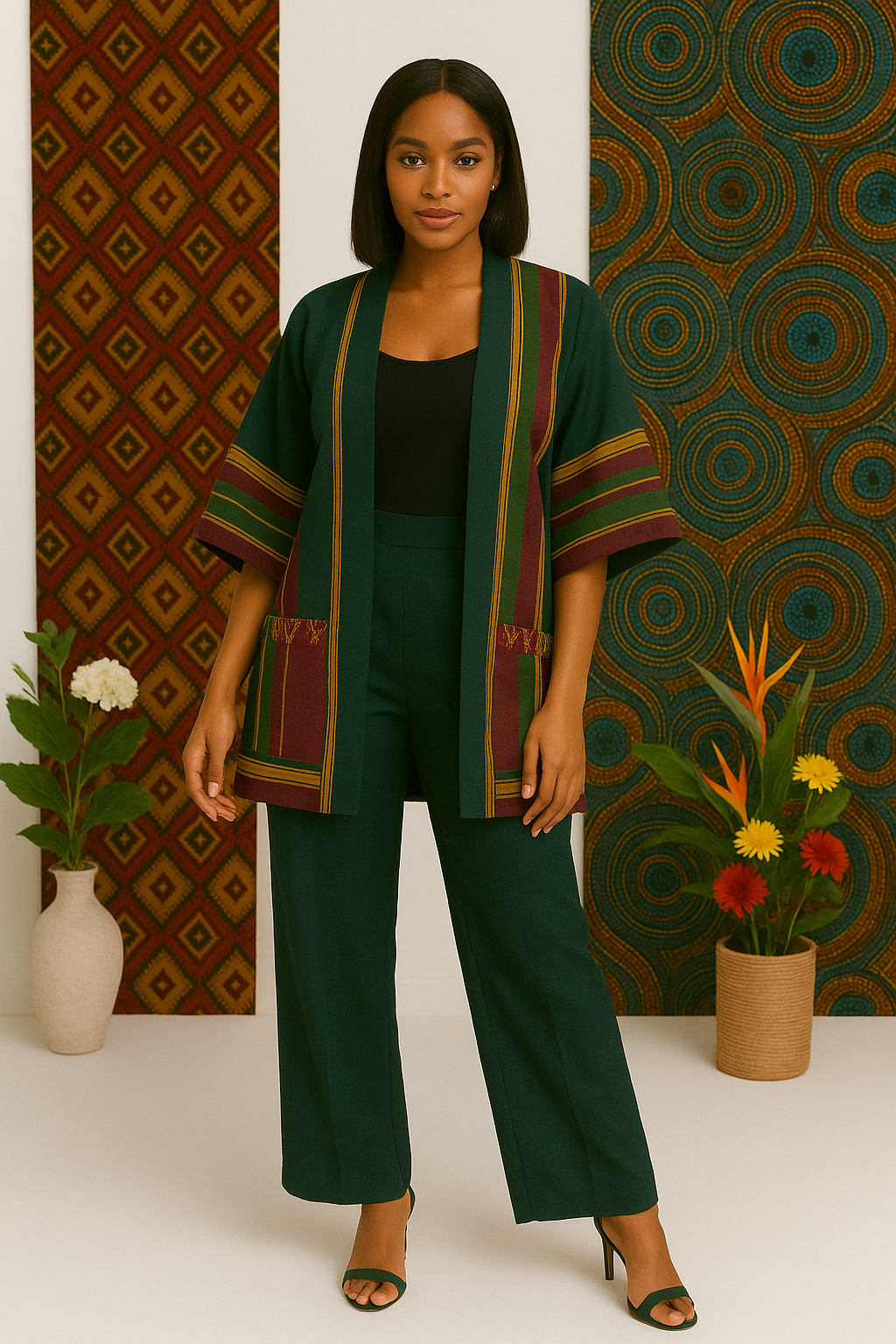 Heritage Luxe Aso Oke Two-Piece Set – Premium Open Kimono Jacket & Wide-Leg Trousers