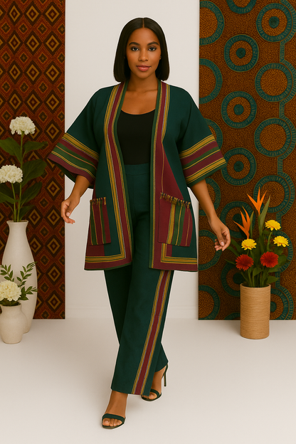 Heritage Luxe Aso Oke Two-Piece Set – Premium Open Kimono Jacket & Wide-Leg Trousers