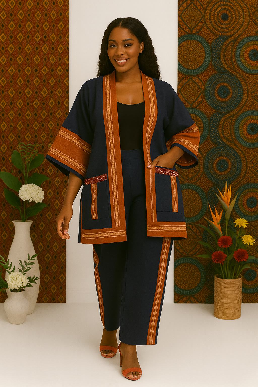 Heritage Luxe Aso Oke Two-Piece Set – Premium Open Kimono Jacket & Wide-Leg Trousers