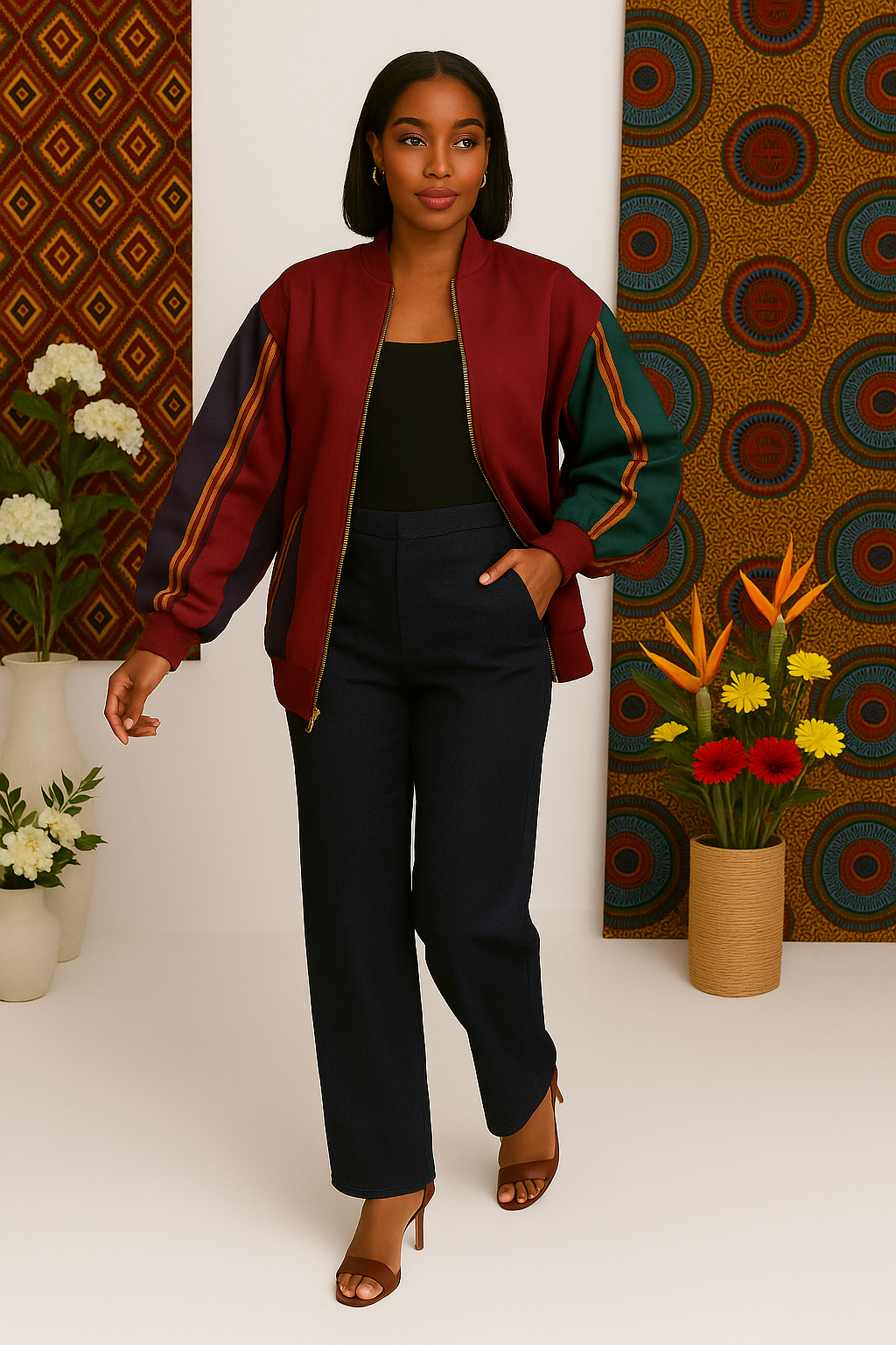 Vibrant Heritage Aso Oke Bomber Jacket – Hand-Woven Yoruba Striped Fashion Jacket