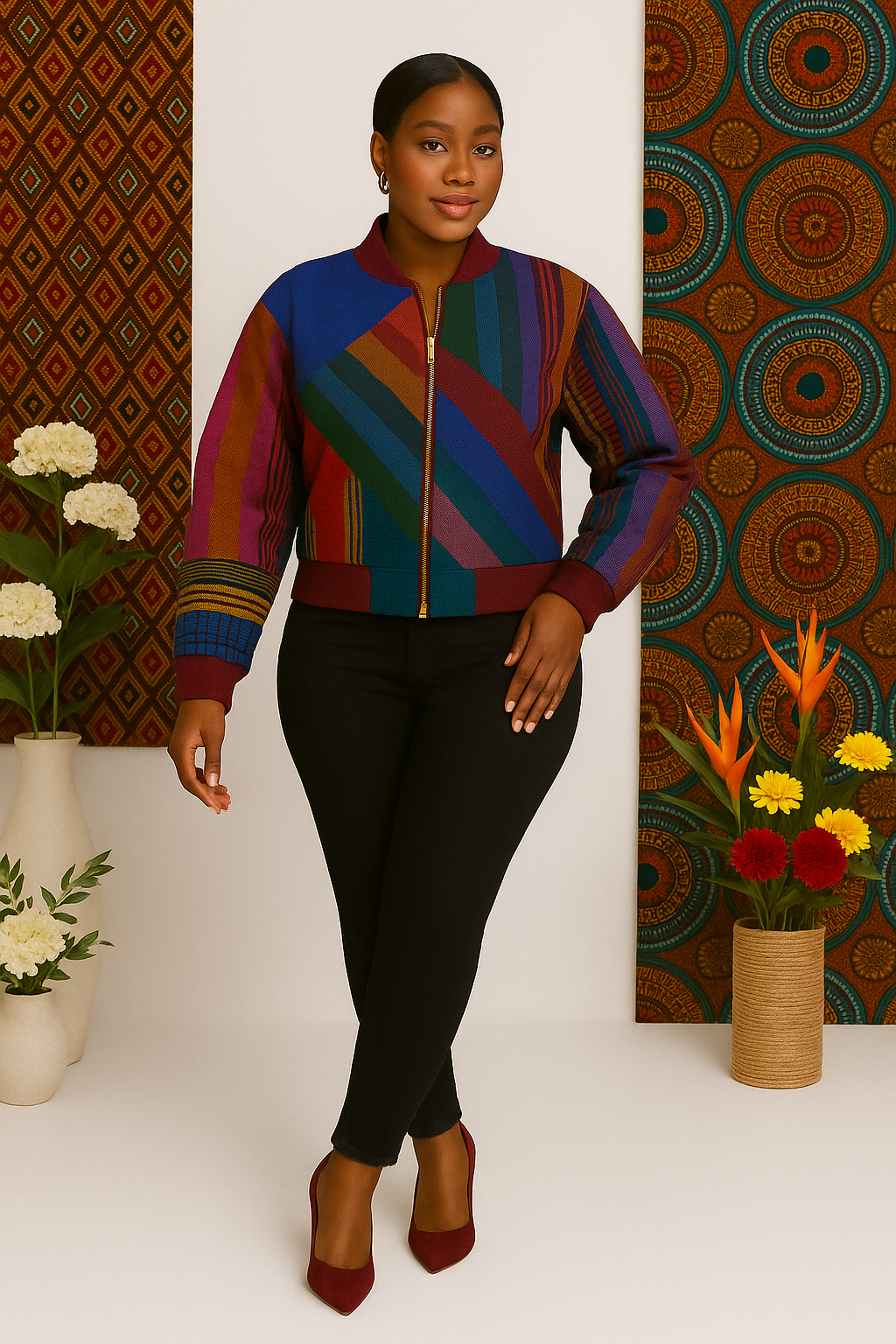 Vibrant Heritage Aso Oke Bomber Jacket – Hand-Woven Yoruba Striped Fashion Jacket