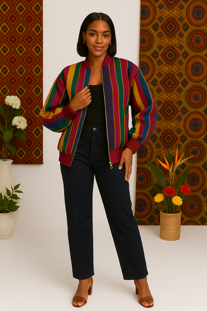 Vibrant Heritage Aso Oke Bomber Jacket – Hand-Woven Yoruba Striped Fashion Jacket