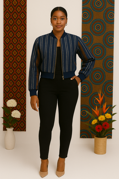 Vibrant Heritage Aso Oke Bomber Jacket – Hand-Woven Yoruba Striped Fashion Jacket