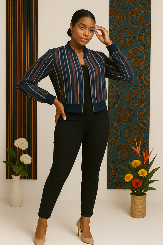 Vibrant Heritage Aso Oke Bomber Jacket – Hand-Woven Yoruba Striped Fashion Jacket