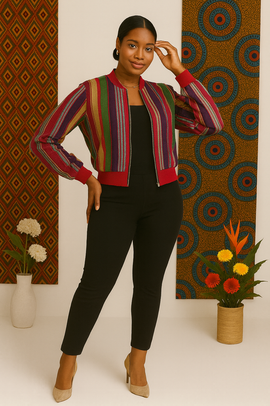 Vibrant Heritage Aso Oke Bomber Jacket – Hand-Woven Yoruba Striped Fashion Jacket