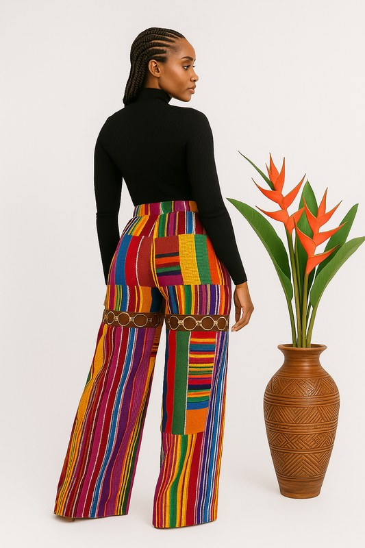 Heritage Luxe Aso Oke Palazzo Pants – Multicolor Yoruba Patchwork Design
