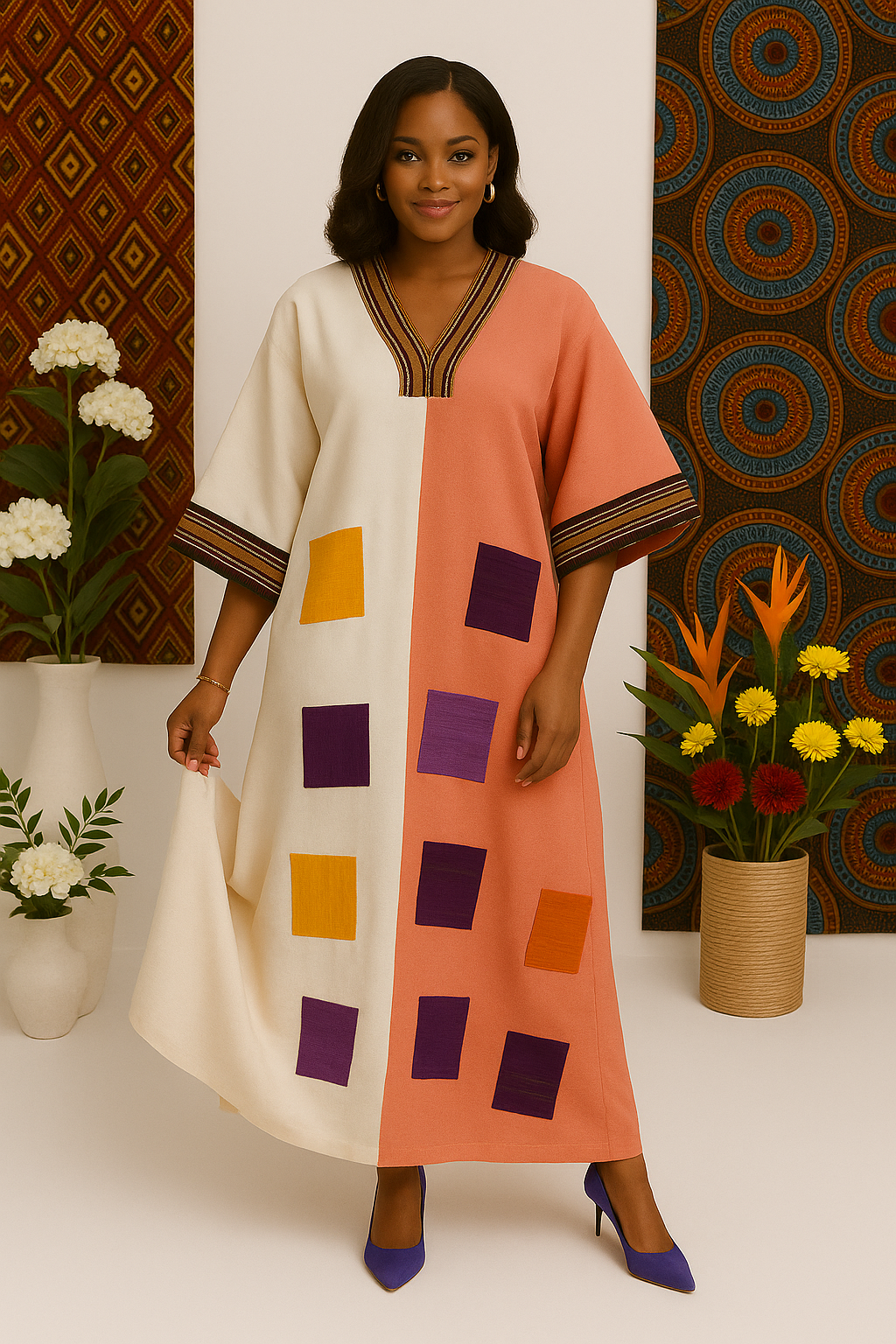 Royal Satin Kaftan With Aso-Oke Touch - Burgundy & Gold Edition