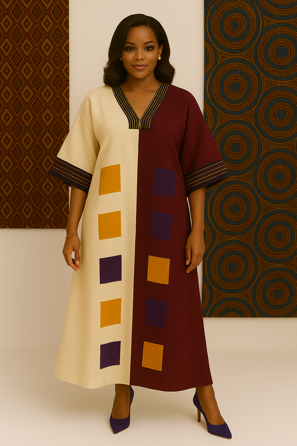 Royal Satin Kaftan With Aso-Oke Touch - Burgundy & Gold Edition