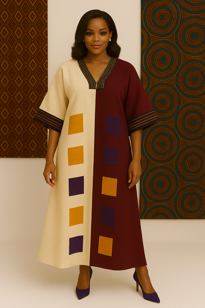 Royal Satin Kaftan With Aso-Oke Touch - Burgundy & Gold Edition