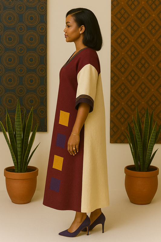 Royal Satin Kaftan With Aso-Oke Touch - Burgundy & Gold Edition