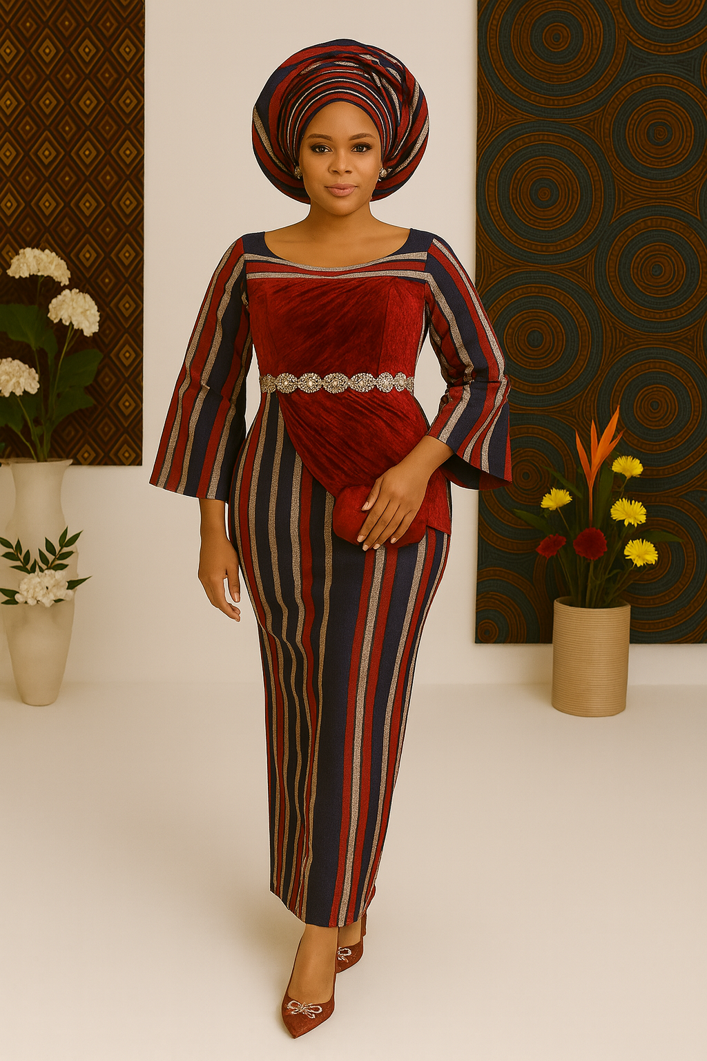 Royal Heritage Velvet Aso Oke Gown - Red & Navy Striped Edition