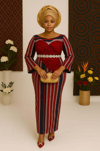 Royal Heritage Velvet Aso Oke Gown - Red & Navy Striped Edition