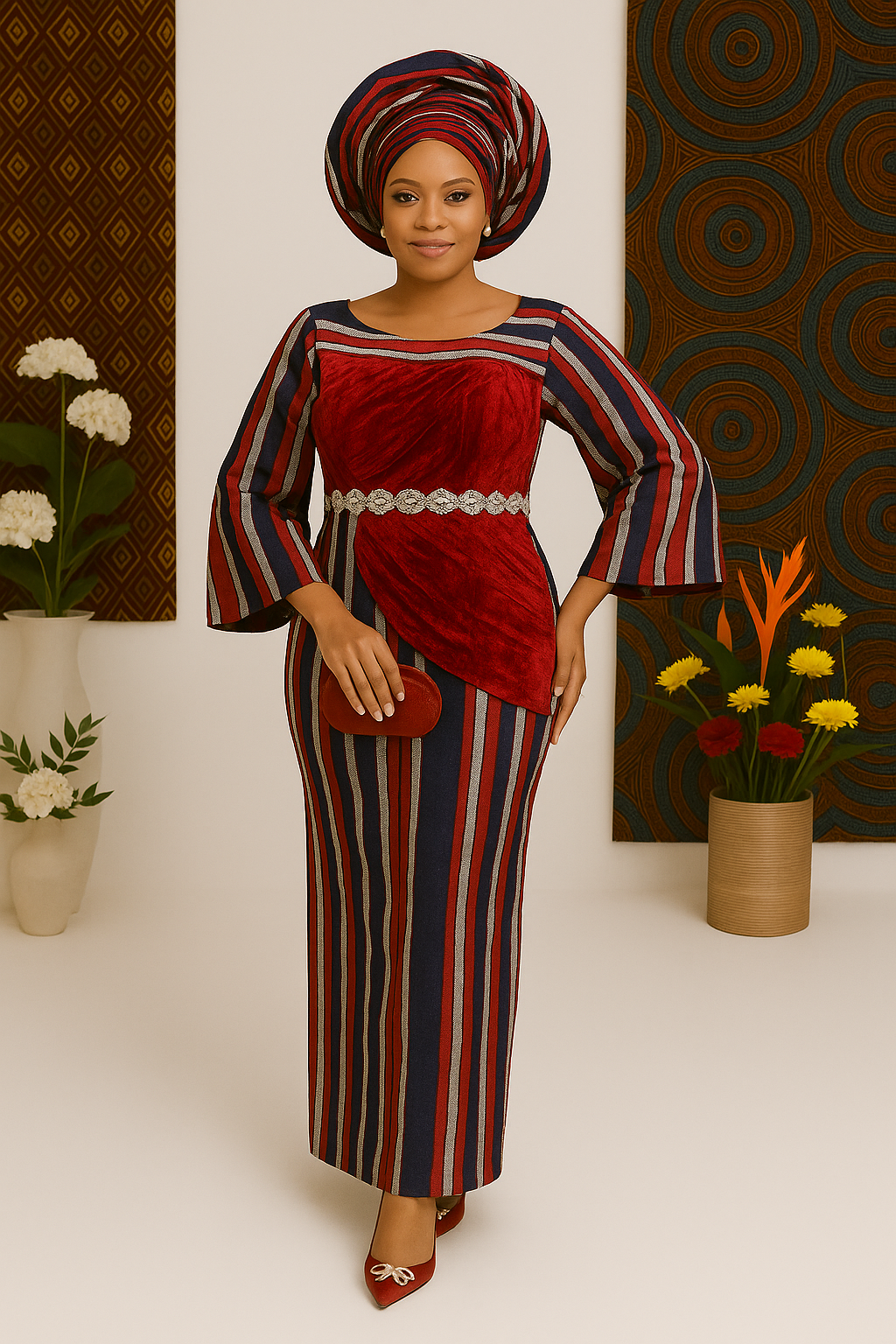 Royal Heritage Velvet Aso Oke Gown - Red & Navy Striped Edition