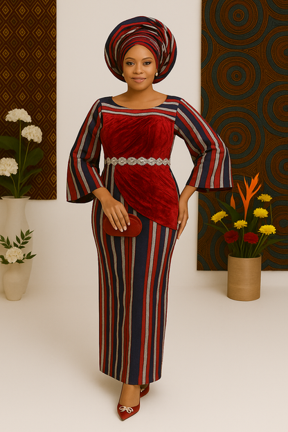 Royal Heritage Velvet Aso Oke Gown - Red & Navy Striped Edition
