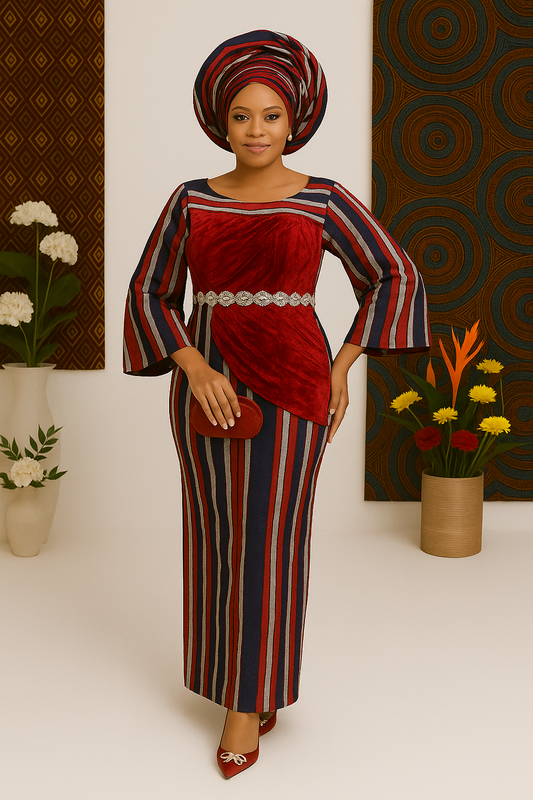 Royal Heritage Velvet Aso Oke Gown - Red & Navy Striped Edition