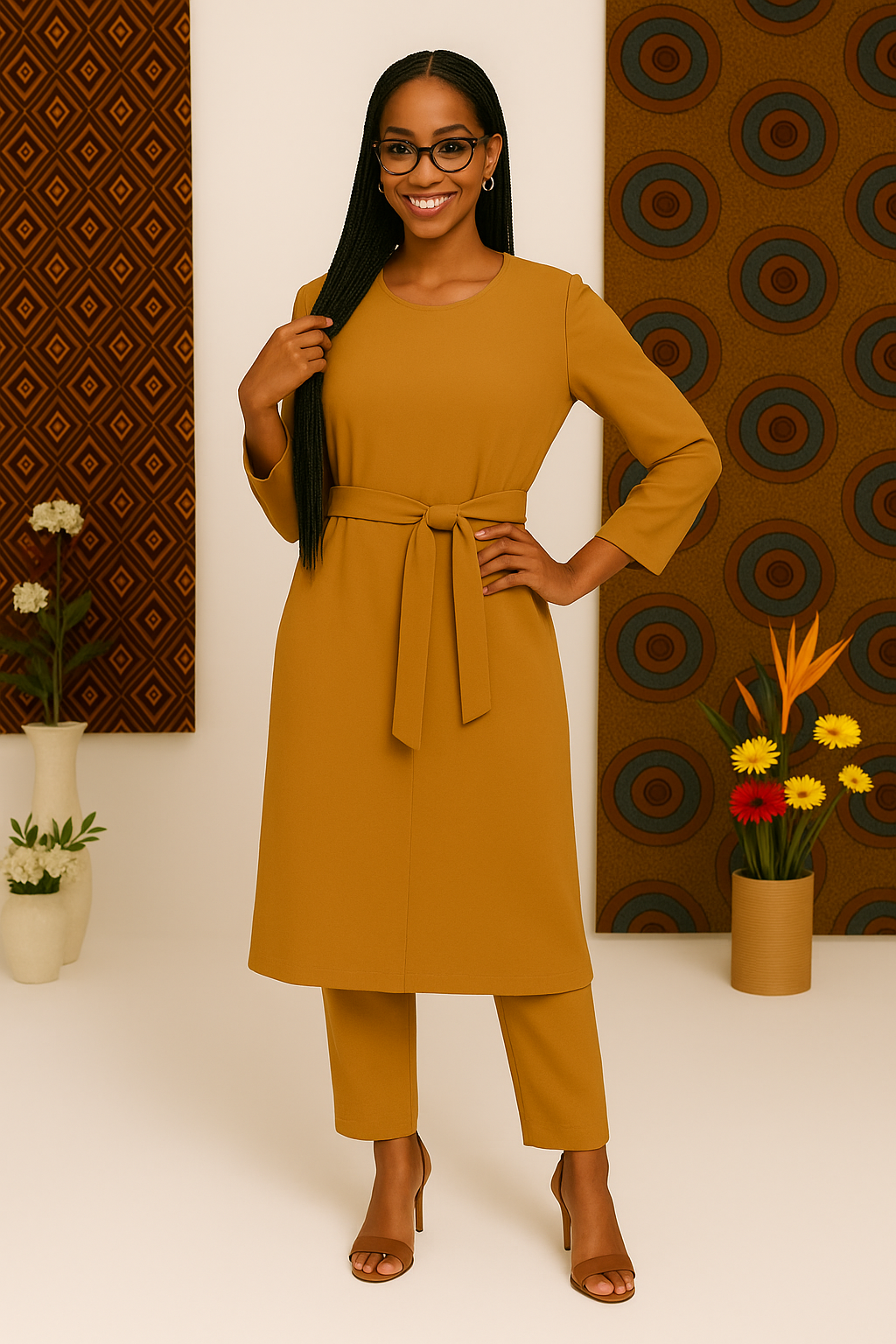 Elegant Mustard Crepe Tunic Set with Belted Waist