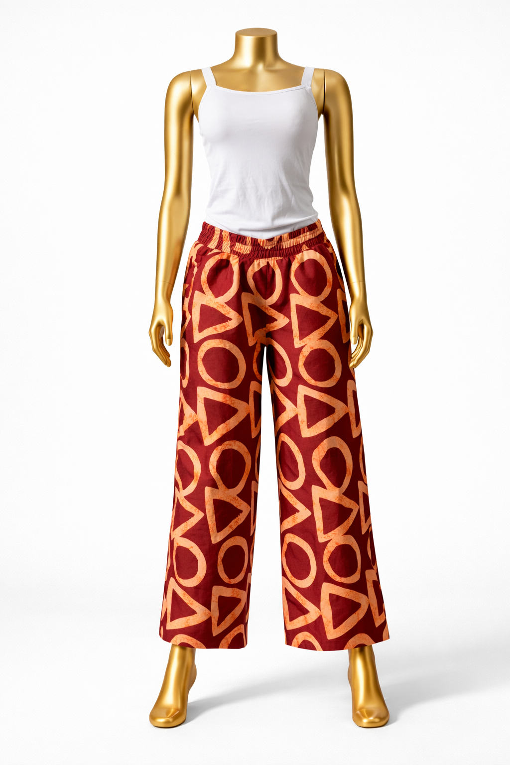 Elegant Ankara Wide-Leg Trousers Set – Red & Gold Pattern