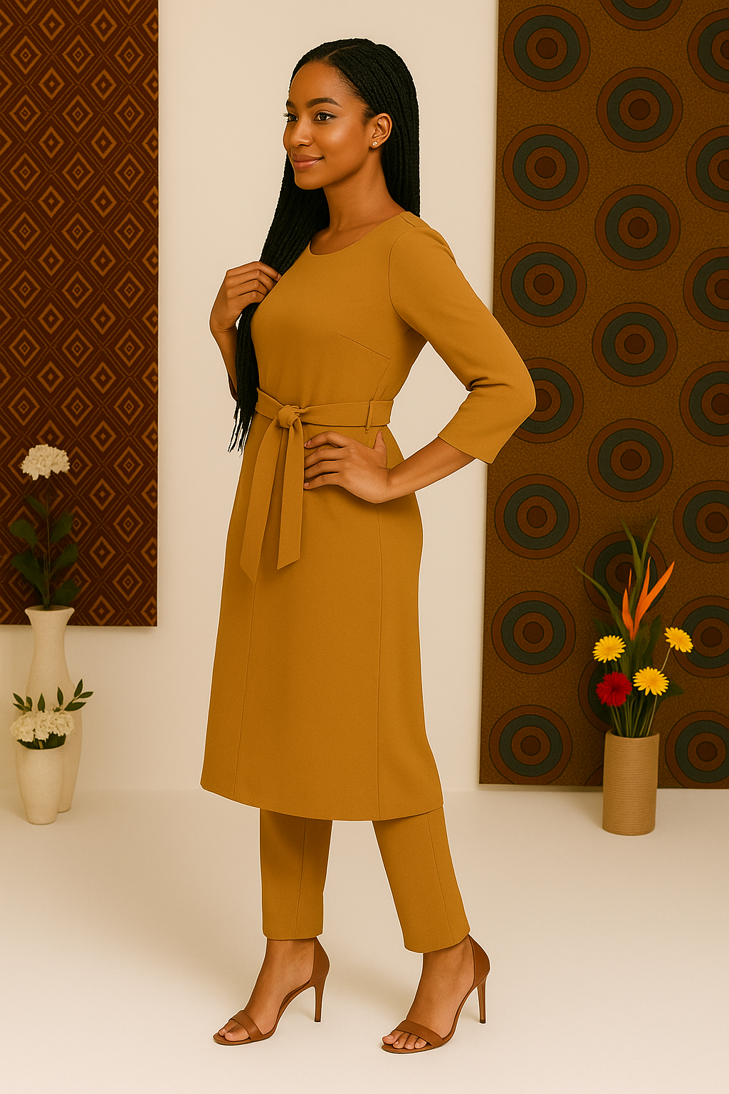 Elegant Mustard Crepe Tunic Set with Belted Waist