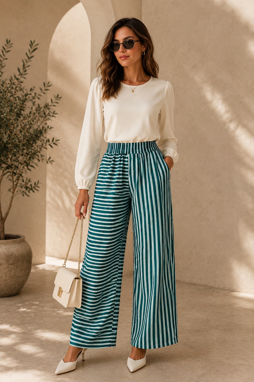 Emerald Stripe Wide-Leg Pants