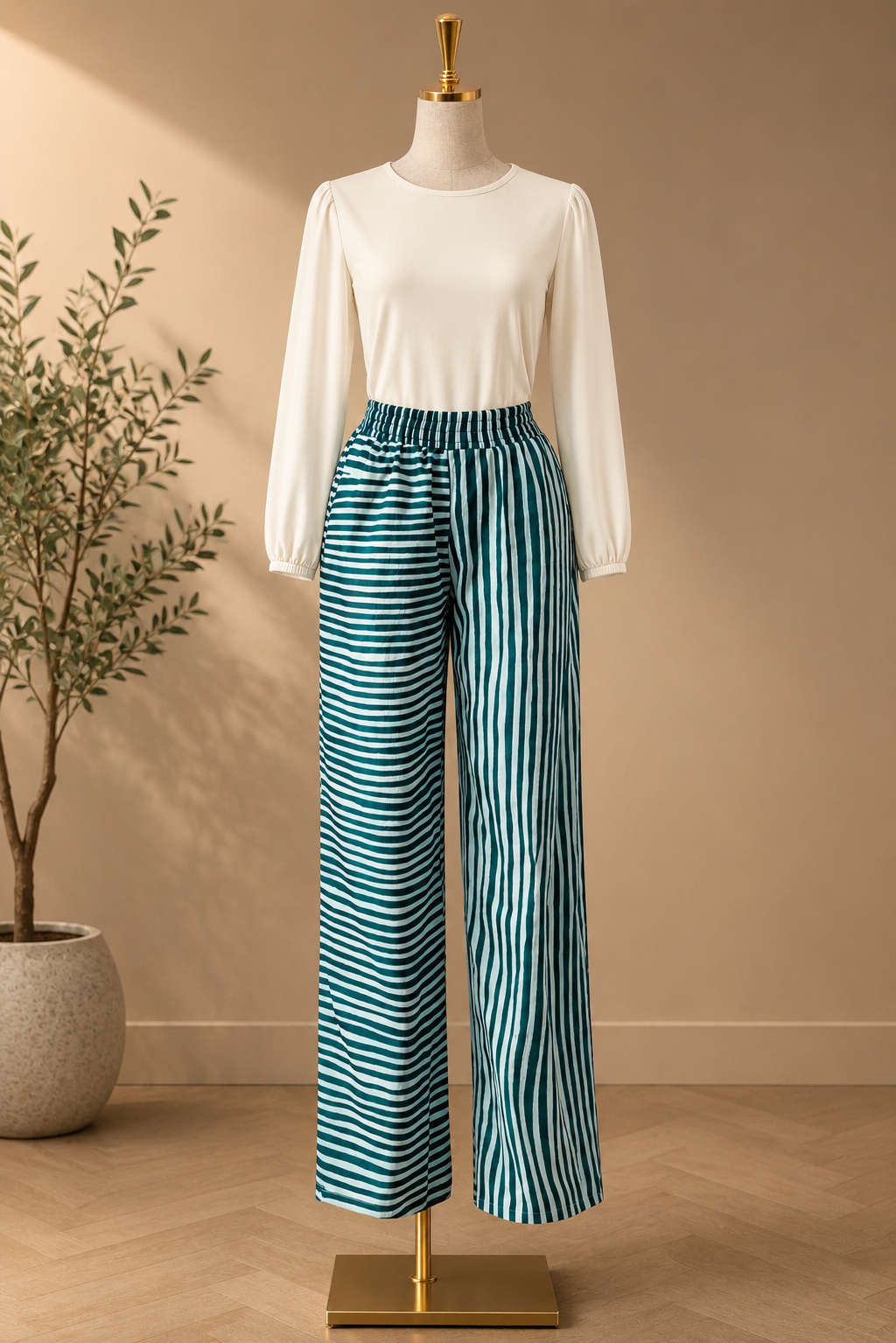 Emerald Stripe Wide-Leg Pants